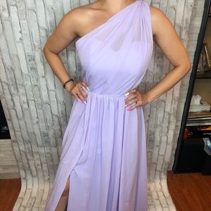 Lilac one shoulder gown with slit down the leg